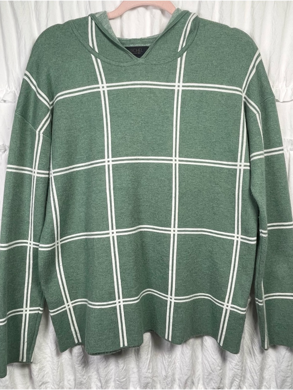Rachel Roy Sweater Medium Plaid Knit Hoodie Green White Women's Soft Cozy